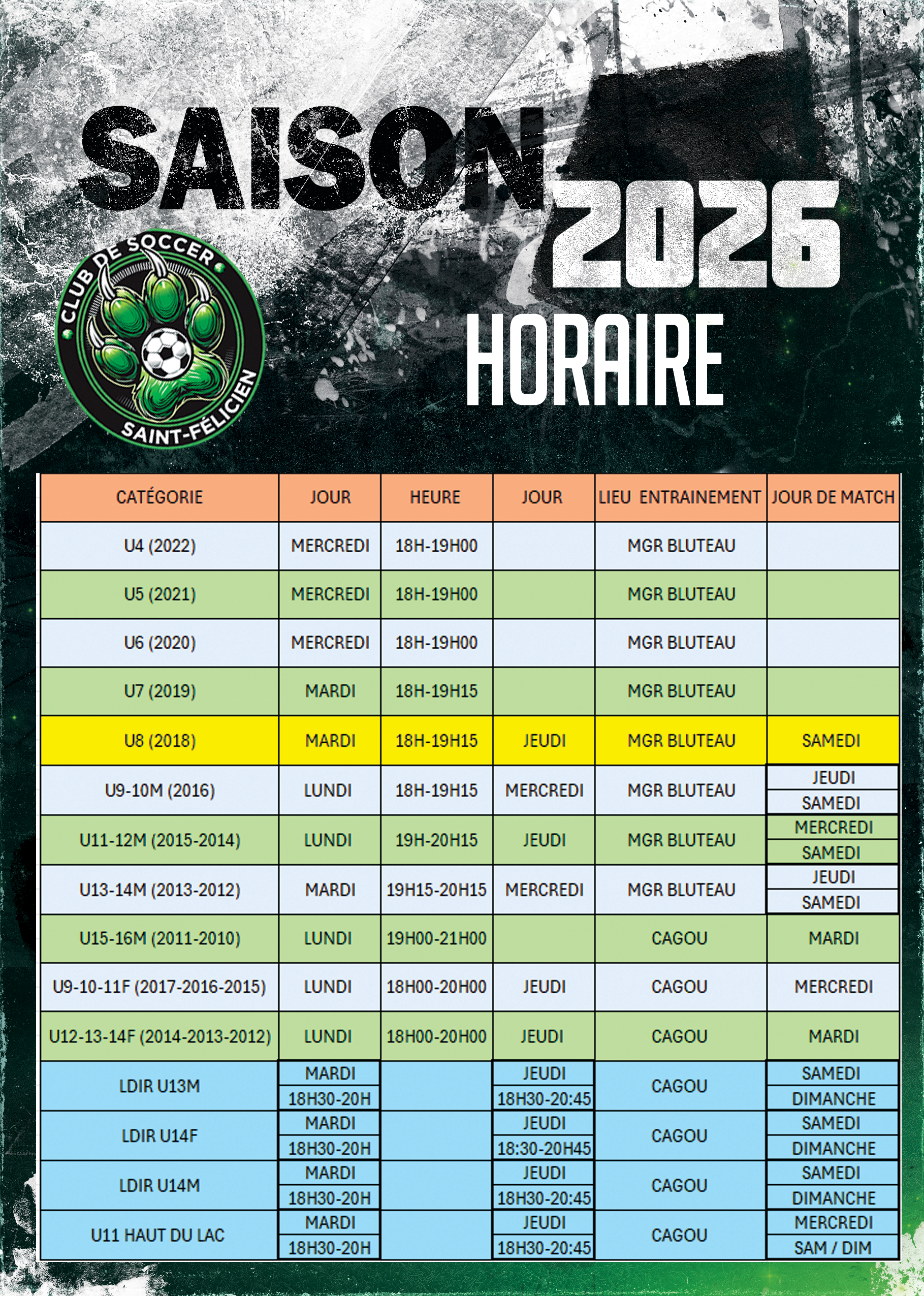 Horaire de la saison 2026